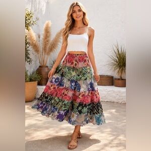 Tiara Patchwork Maxi Skirt Womens Large Cottagecore Bohemian Hippie Prairie